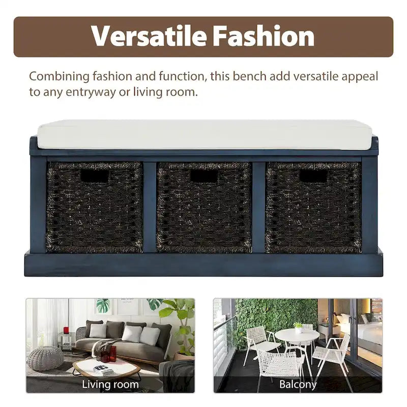 Entryway Bench with 3 Removable Classic Rattan Baskets - 43.7L x 15.7W x 17H