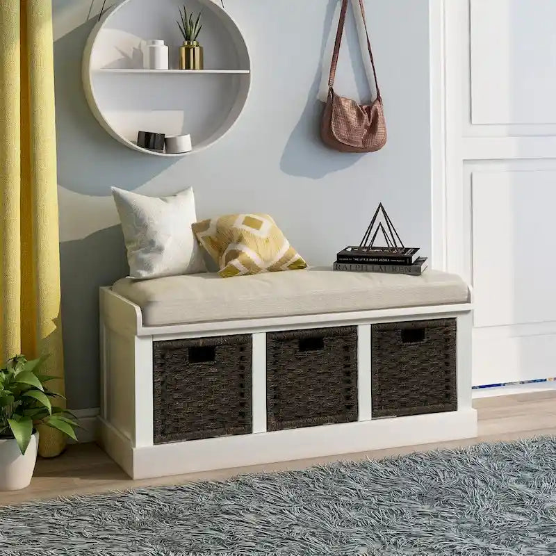 Entryway Bench with 3 Removable Classic Rattan Baskets - 43.7L x 15.7W x 17H