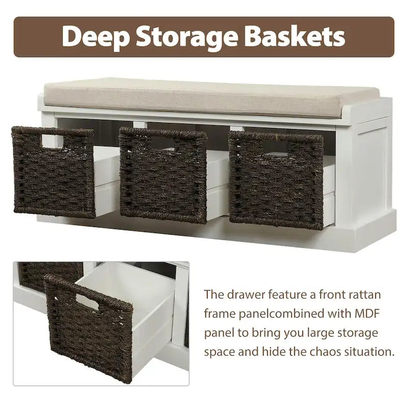 Entryway Bench with 3 Removable Classic Rattan Baskets - 43.7L x 15.7W x 17H