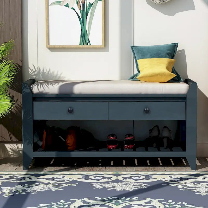 Shoe Rack with Cushioned Seat and Drawers, Multipurpose Entryway Storage Bench