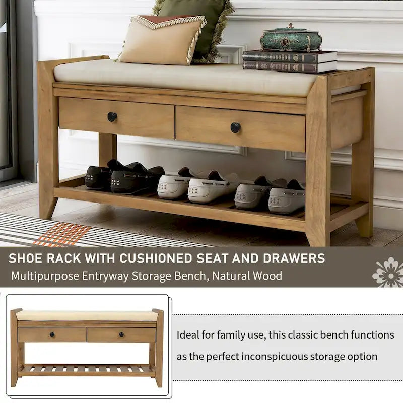 Shoe Rack with Cushioned Seat and Drawers, Multipurpose Entryway Storage Bench