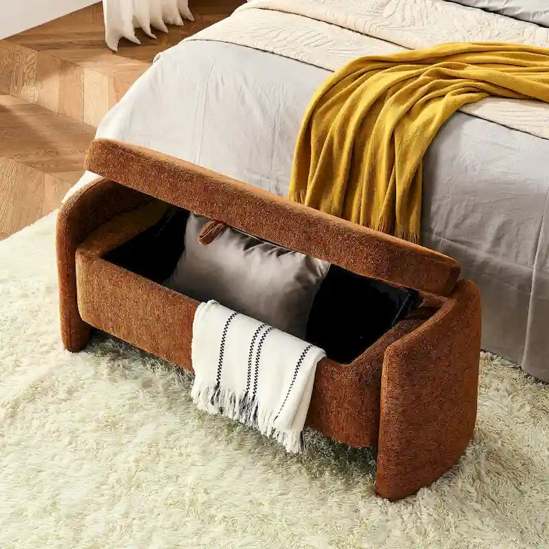 Oval Ottoman Storage Bench Chenille Fabric Bench with Large Storage Space for the Living Room, Entryway and Bedroom