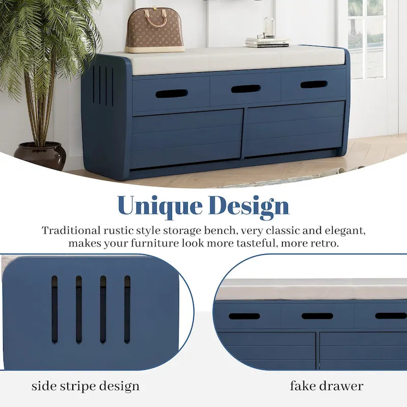 Rustic Storage Bench with 2 Drawers, Hidden Storage Space, and 3 False Drawers at the Top, Shoe Bench for Living Room, Entryway