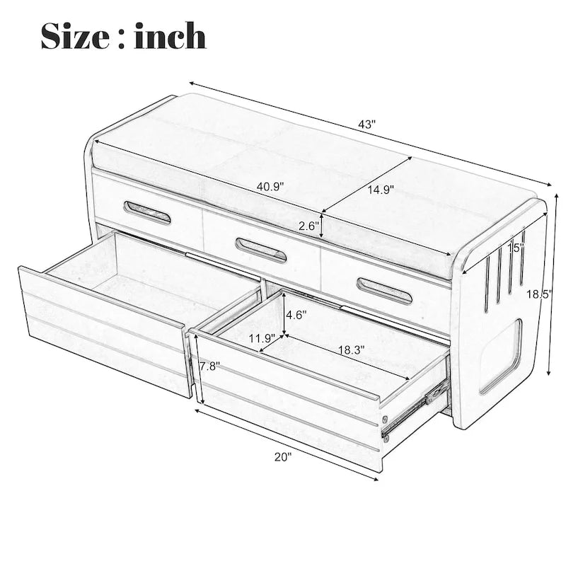 Rustic Storage Bench with 2 Drawers, Hidden Storage Space, and 3 False Drawers at the Top, Shoe Bench for Living Room, Entryway