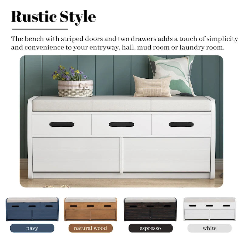 Rustic Storage Bench with 2 Drawers, Hidden Storage Space, and 3 False Drawers at the Top, Shoe Bench for Living Room, Entryway