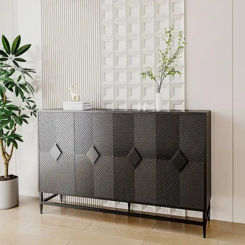 Accent Black Lacquered 4-Door Wooden Sideboard Buffet Server Cabinet