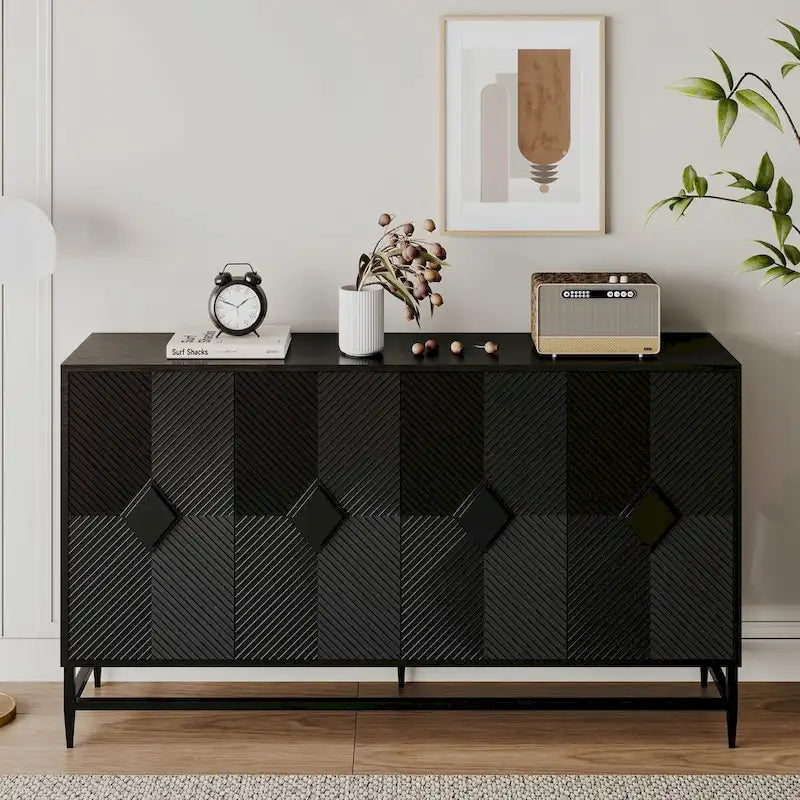 Accent Black Lacquered 4-Door Wooden Sideboard Buffet Server Cabinet