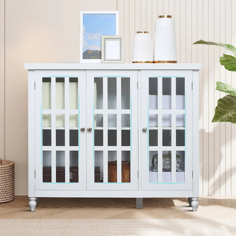 Stylish Minimalist Wooden Sideboard with Three Glass Cabinet Doors