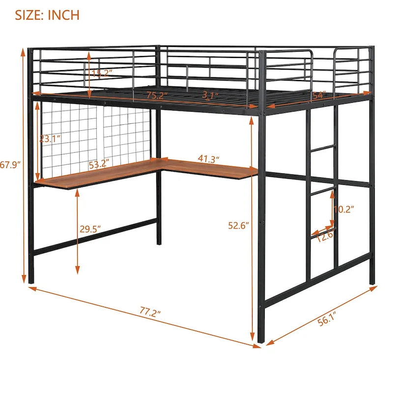 Full Metal Loft Bed with Desk and Metal Grid