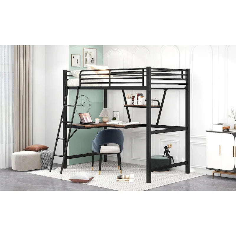 Metal Loft Bed with Integrated Desk, Shelf, and Full-Length Guardrail