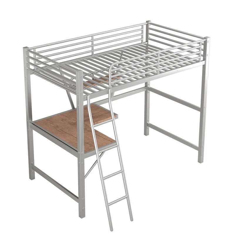 Metal Loft Bed with Integrated Desk, Shelf, and Full-Length Guardrail
