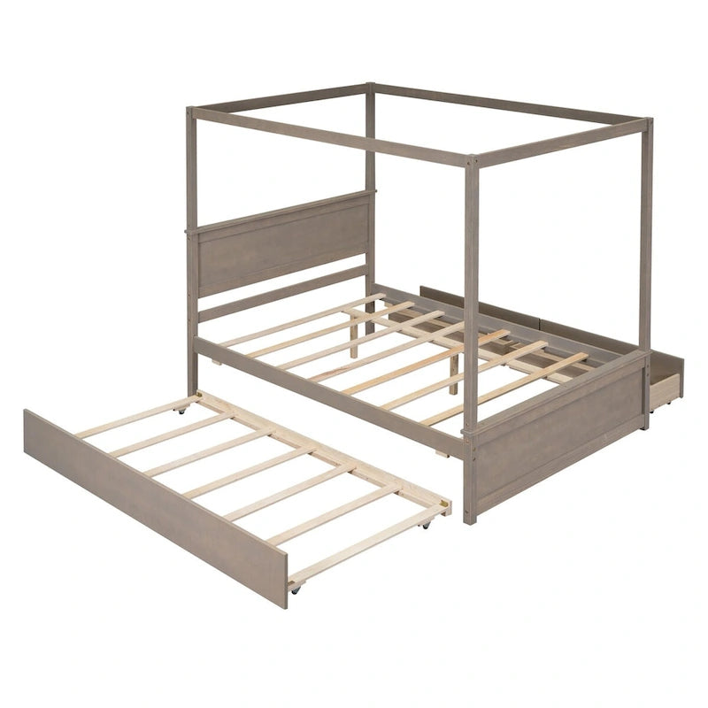 Full Size Wood Canopy Bed with Trundle, Drawers, and Support Slats