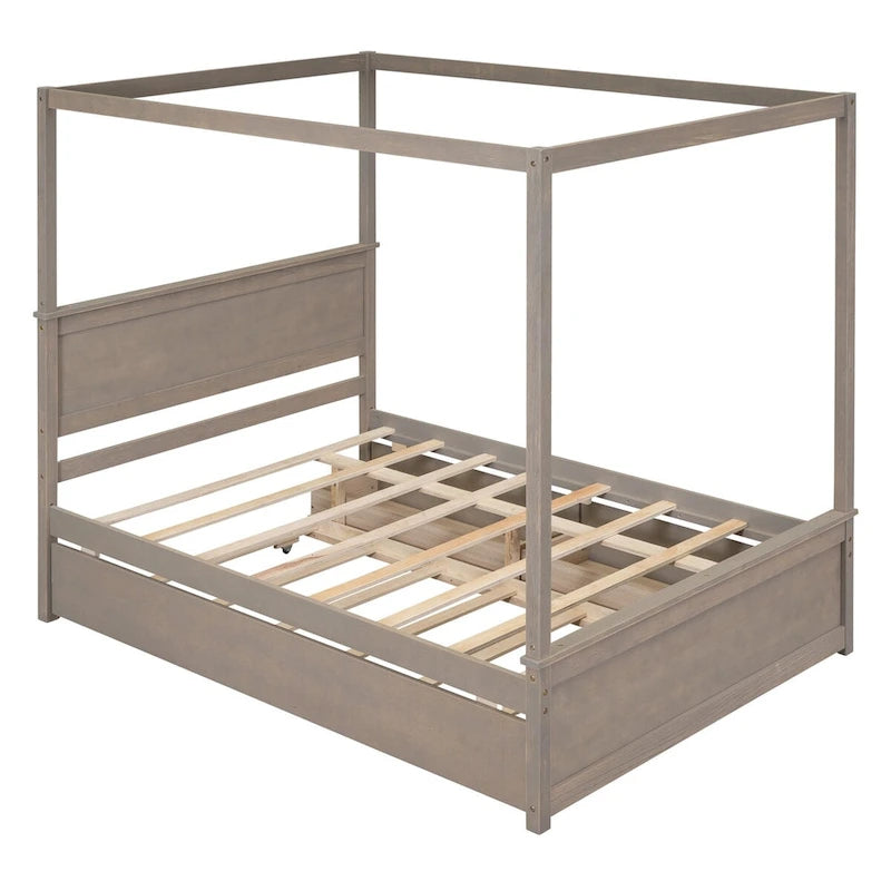 Full Size Wood Canopy Bed with Trundle, Drawers, and Support Slats