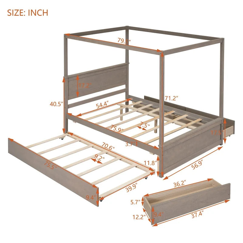 Full Size Wood Canopy Bed with Trundle, Drawers, and Support Slats
