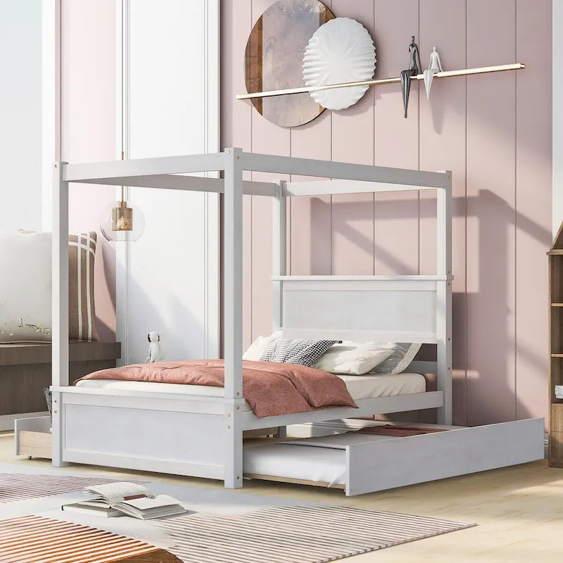 Full Size Wood Canopy Bed with Trundle, Drawers, and Support Slats