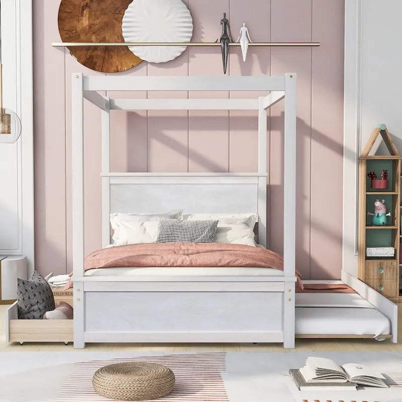 Full Size Wood Canopy Bed with Trundle, Drawers, and Support Slats