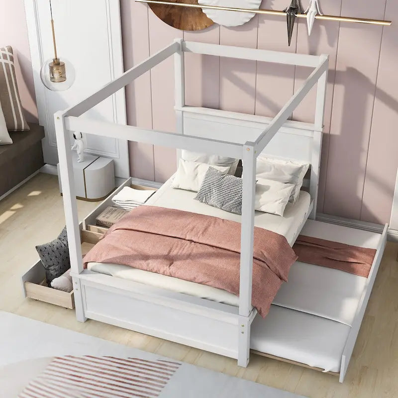 Full Size Wood Canopy Bed with Trundle, Drawers, and Support Slats