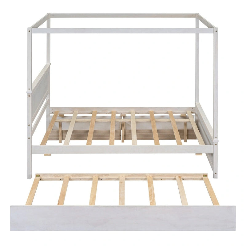 Full Size Wood Canopy Bed with Trundle, Drawers, and Support Slats