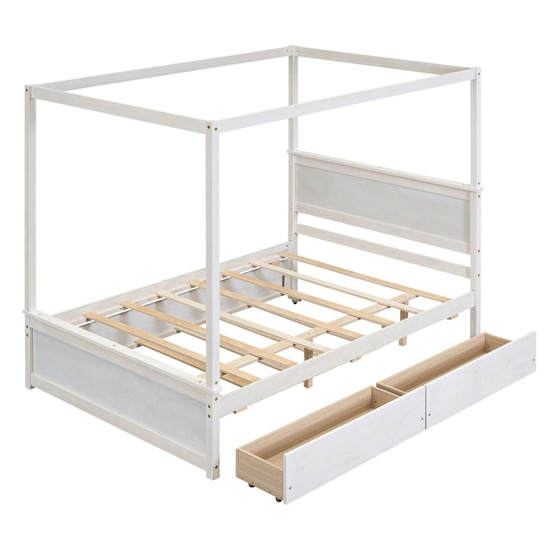 Full Size Wood Canopy Bed with Trundle, Drawers, and Support Slats