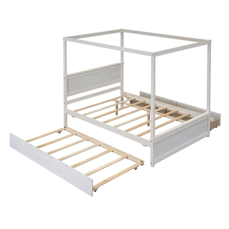 Full Size Wood Canopy Bed with Trundle, Drawers, and Support Slats