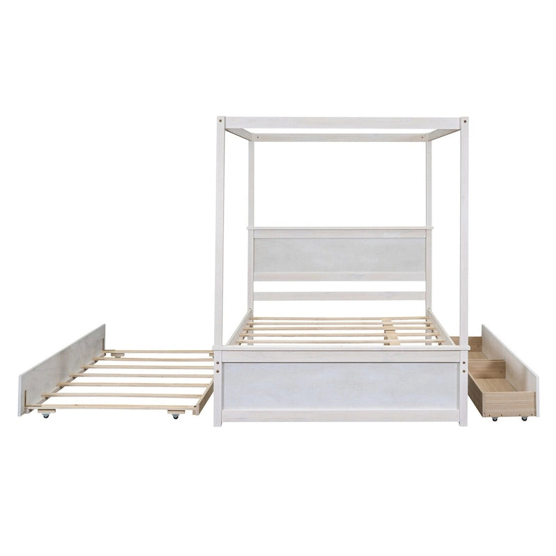 Full Size Wood Canopy Bed with Trundle, Drawers, and Support Slats