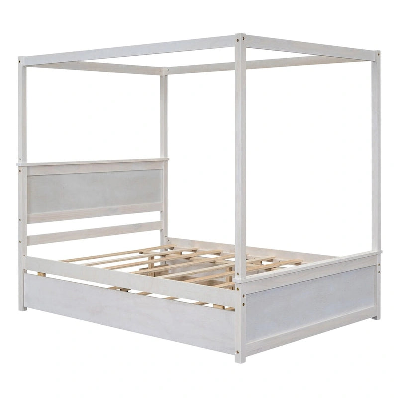 Full Size Wood Canopy Bed with Trundle, Drawers, and Support Slats