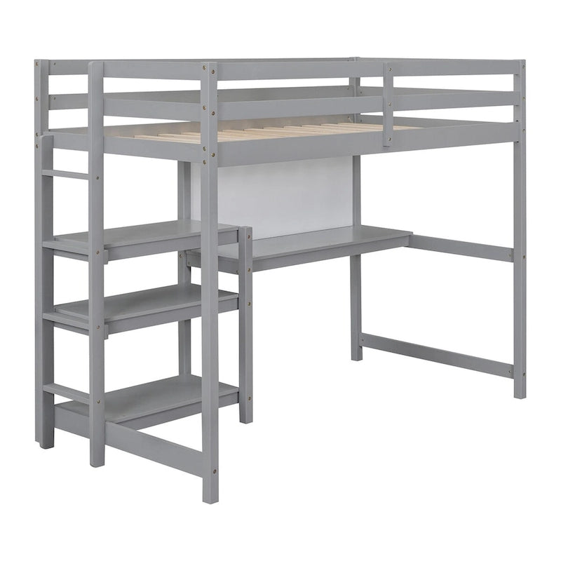 Twin Size Wooden Loft Bed with 3-Layer Shelves, Desk, and Writing Board, Full-Length Guardrail