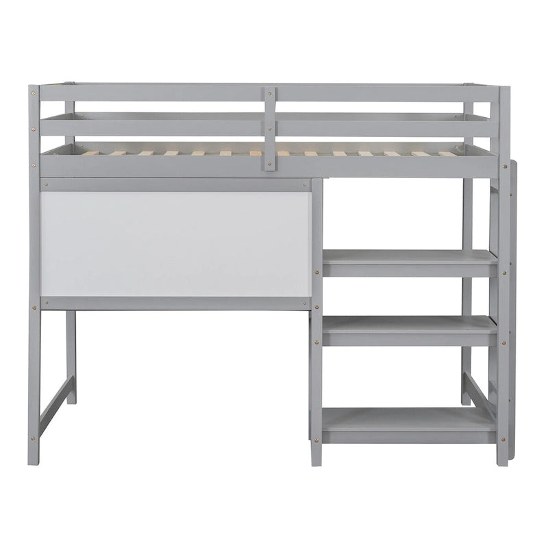 Twin Size Wooden Loft Bed with 3-Layer Shelves, Desk, and Writing Board, Full-Length Guardrail