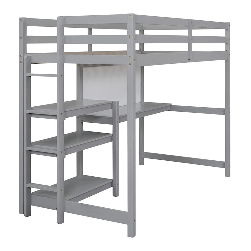 Twin Size Wooden Loft Bed with 3-Layer Shelves, Desk, and Writing Board, Full-Length Guardrail