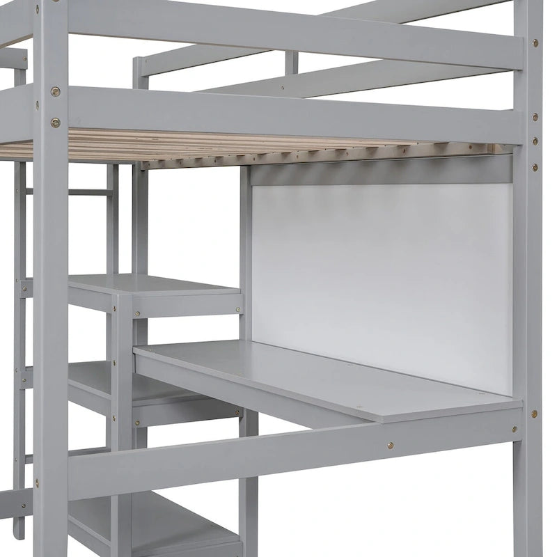 Twin Size Wooden Loft Bed with 3-Layer Shelves, Desk, and Writing Board, Full-Length Guardrail