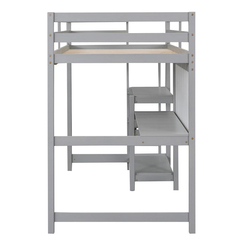 Twin Size Wooden Loft Bed with 3-Layer Shelves, Desk, and Writing Board, Full-Length Guardrail