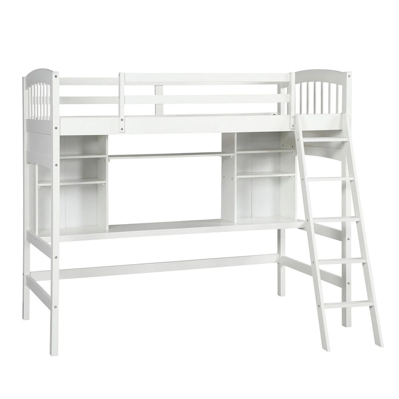 White Solid Wood Twin Size Loft Bed with Desk