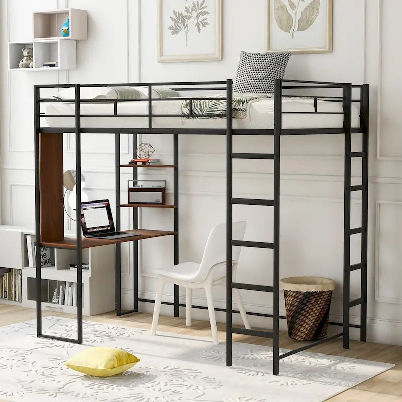 Metal Loft Bed with 2 Shelves and 1 Desk