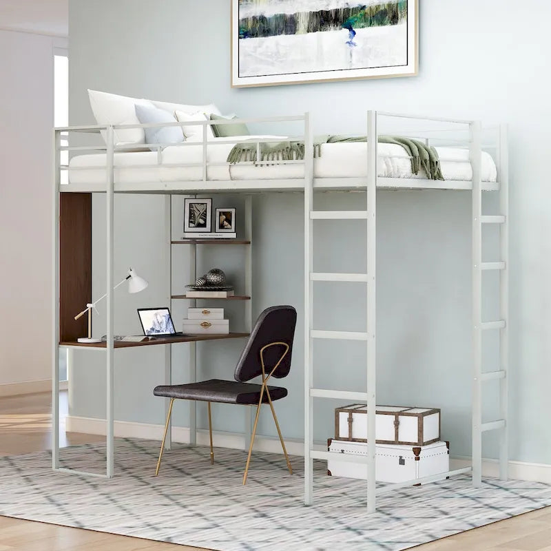 Metal Loft Bed with 2 Shelves and 1 Desk