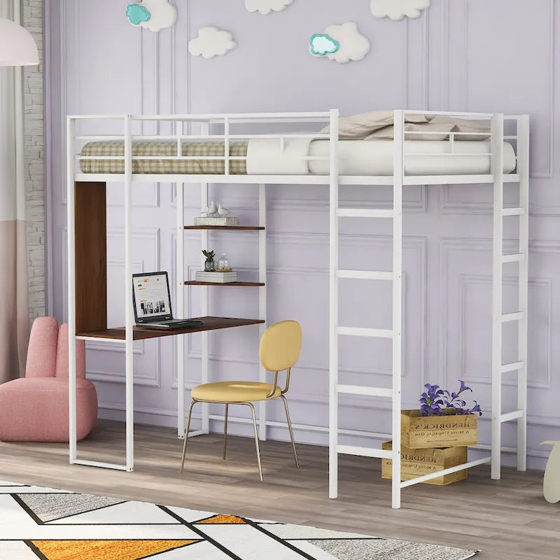 Metal Loft Bed with 2 Shelves and 1 Desk