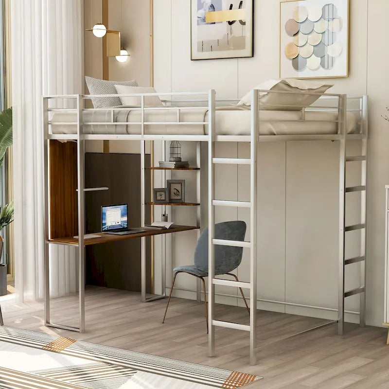 Metal Loft Bed with 2 Shelves and 1 Desk