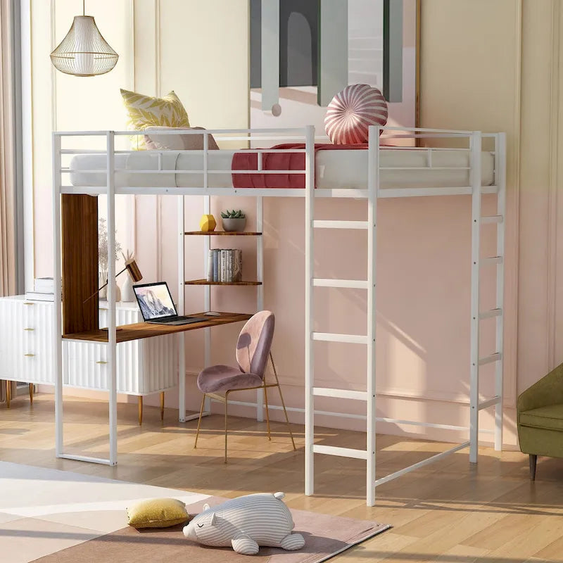Metal Loft Bed with 2 Shelves and 1 Desk