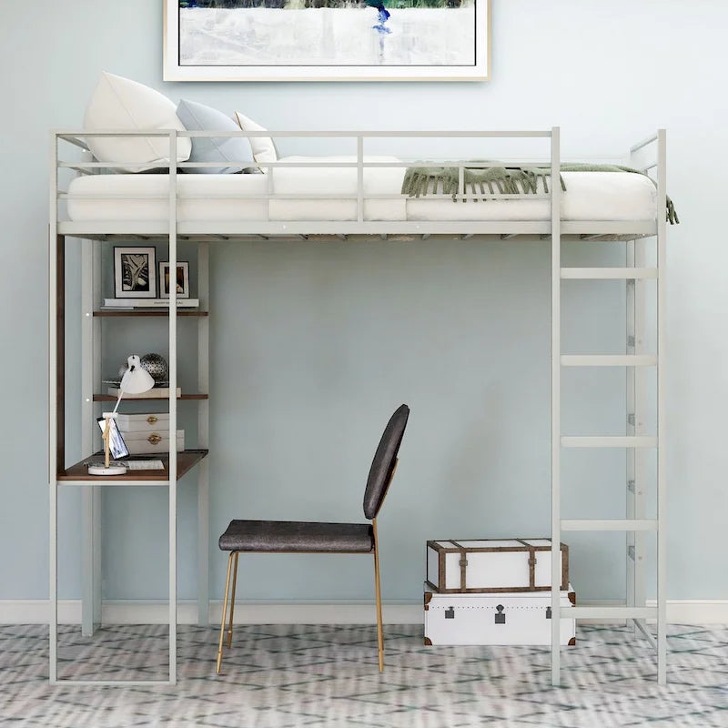 Metal Loft Bed with 2 Shelves and 1 Desk