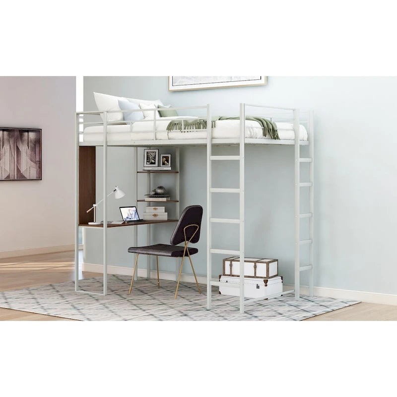 Metal Loft Bed with 2 Shelves and 1 Desk
