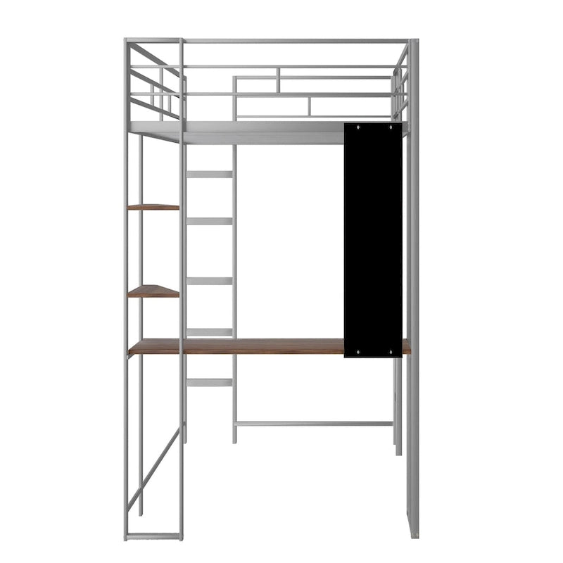 Metal Loft Bed with 2 Shelves and 1 Desk