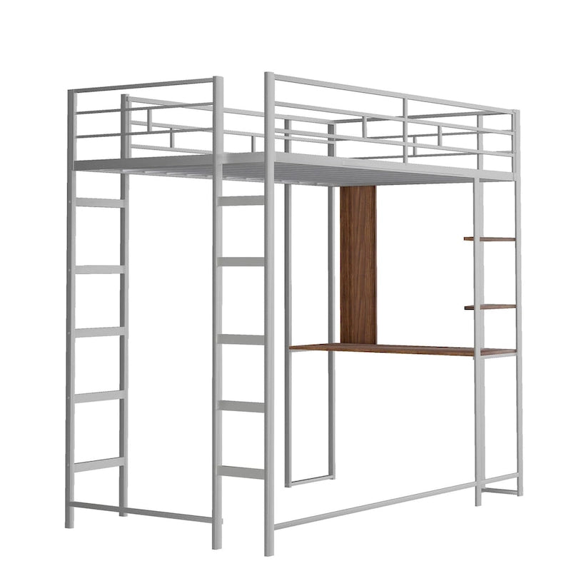 Metal Loft Bed with 2 Shelves and 1 Desk