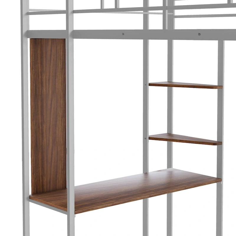 Metal Loft Bed with 2 Shelves and 1 Desk