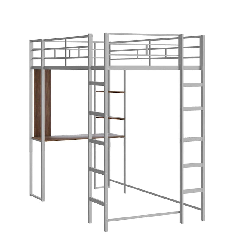 Metal Loft Bed with 2 Shelves and 1 Desk