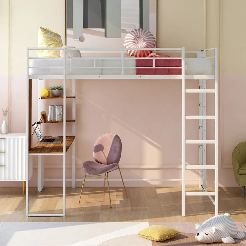 Metal Loft Bed with 2 Shelves and 1 Desk