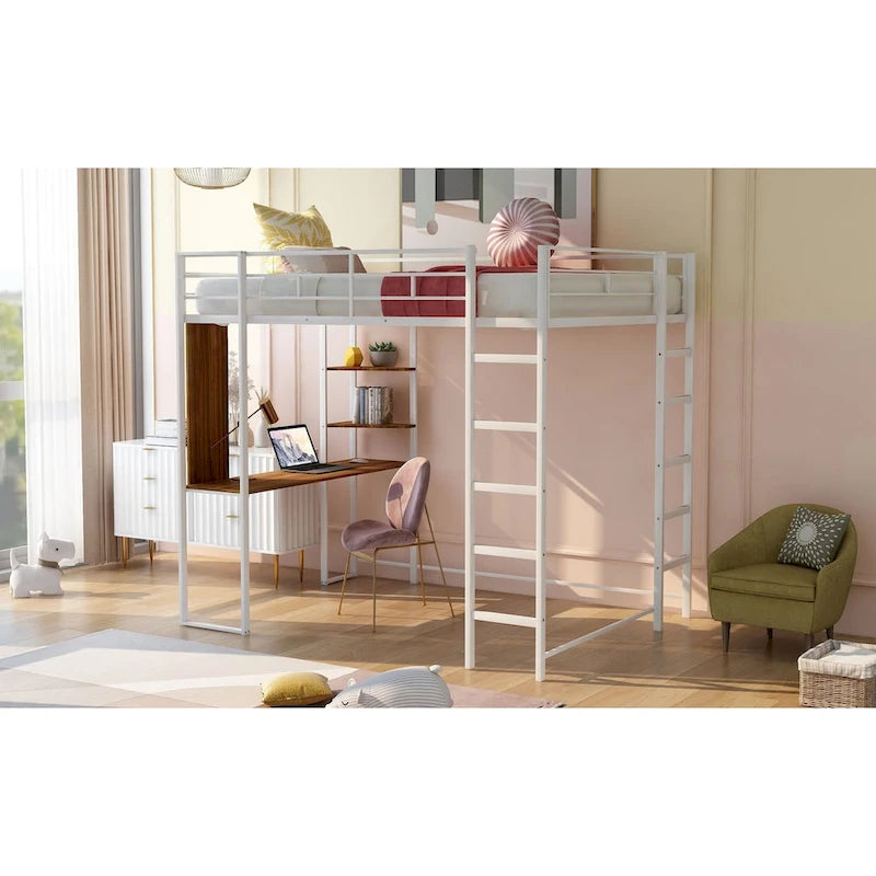 Metal Loft Bed with 2 Shelves and 1 Desk