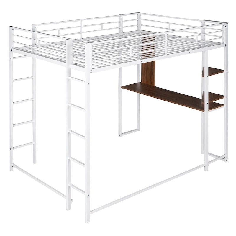 Metal Loft Bed with 2 Shelves and 1 Desk