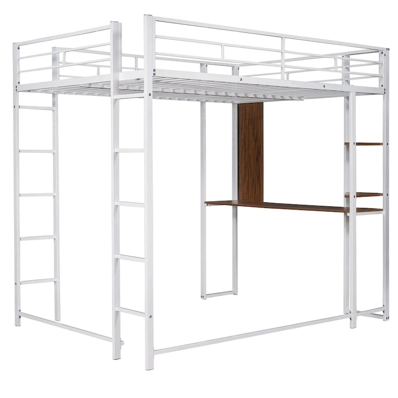 Metal Loft Bed with 2 Shelves and 1 Desk