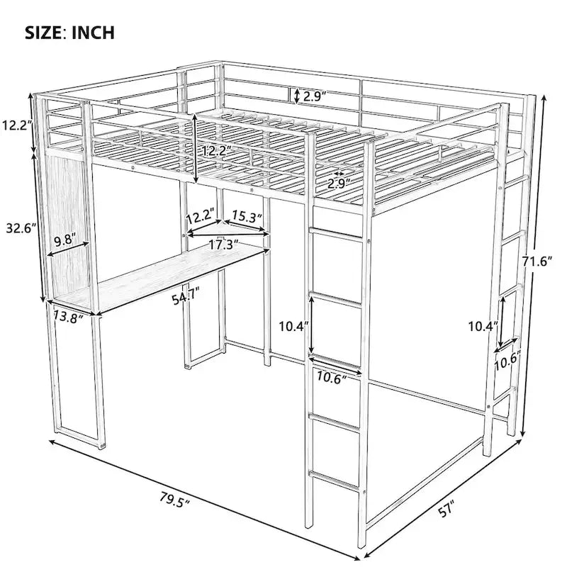 Metal Loft Bed with 2 Shelves and 1 Desk