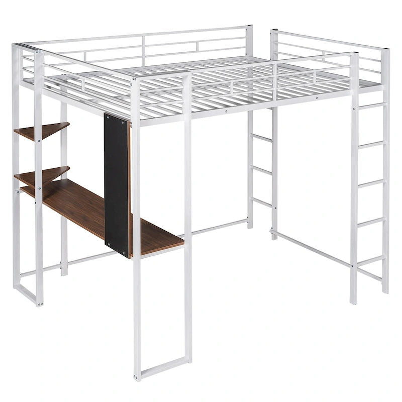 Metal Loft Bed with 2 Shelves and 1 Desk