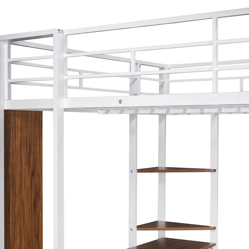 Metal Loft Bed with 2 Shelves and 1 Desk